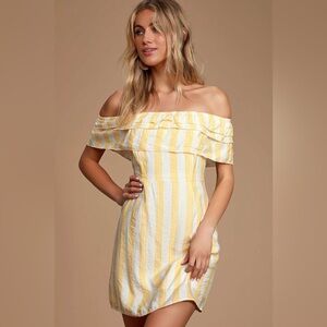 NWT Lulu's Persephone White and Yellow Striped Off-The-Shoulder Mini Dress (XL)